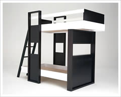 Kids Space Saving Bedroom Furniture utilising space in small rooms. Image shows ladder fitted to access the top. The frame is made from wood and is coloured in black and white paint finish although other options and colours are available to order.
